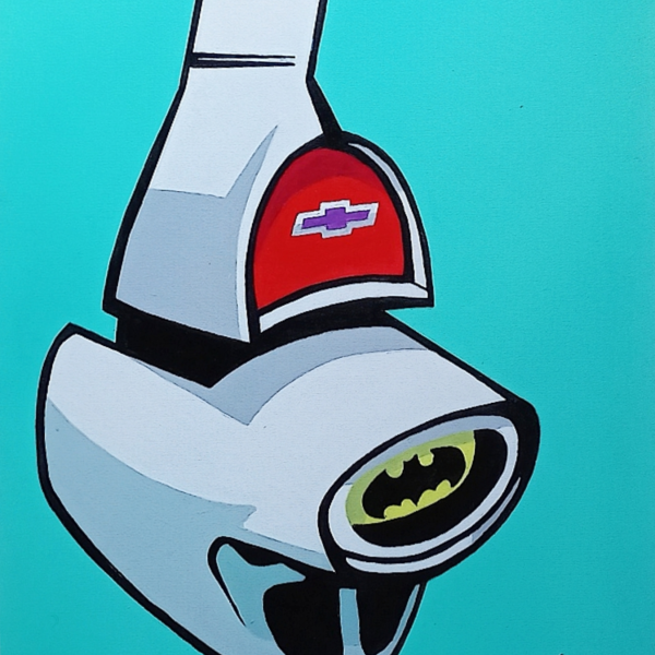 Acrylic painting by Mike Martinet of a 1957 Chevrolet tail light witha Batman symbol in the backup light