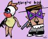 Vector graphic image by Mike Martinet of an eyeball with red lips and orange hair in a miniskirt holding a machine gun next to a head with a fedora and a pistol under the words "They're bad"