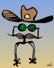 Vector graphic image by Mike Martinet of a cowboy hat floating over two green lenses attached to a moustache, all mounted on a couple of spurs