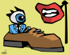 Vector graphic image by Mike Martinet of an eyeball wearing a business suit driving a shoe next to a mouth on a pole (Like a road sign)