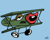 Vector graphic image by Mike Martinet of biplane with an eye in the cockpit and a mouth for an engine