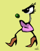 Vector graphic image by Mike Martinet of an eye over a pair of lips in high-heeled boots chasing what looks like a pea