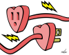 Vector graphic image by Mike Martinet of a heart-shaped electric plug and socket with wires, bypassing each other amidst stylized lightning bolts
