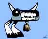 Vector graphic image by Mike Martinet of cow-like head with horns and large white teeth with two hooved legs and a cowbell hanging from its chin