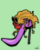 Vector graphic image by Mike Martinet of a purple high-heel shoe with red lips, wearing an orange wig and sunglasses