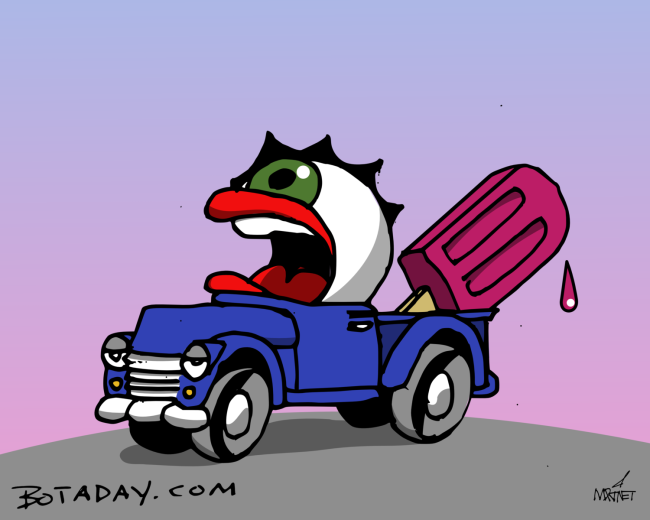 Vector graphic image by Mike Martinet of a screaming eyeball in a pickup truck with a popsicle in the bed