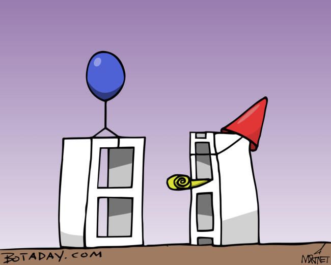 Vector graphic image by Mike Martinet of a pair of concrete blocks with a party hat, balloon and noisemaker