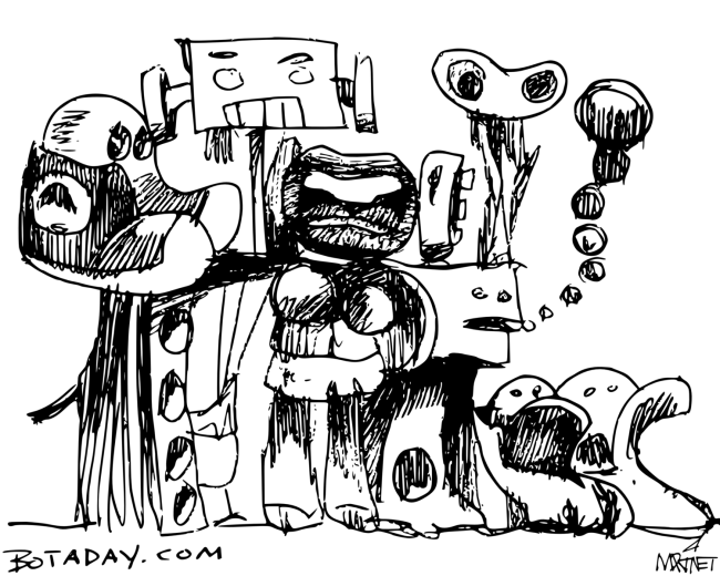  Scan of pen and ink drawing by Mike Martinet of a few of robot-like characters