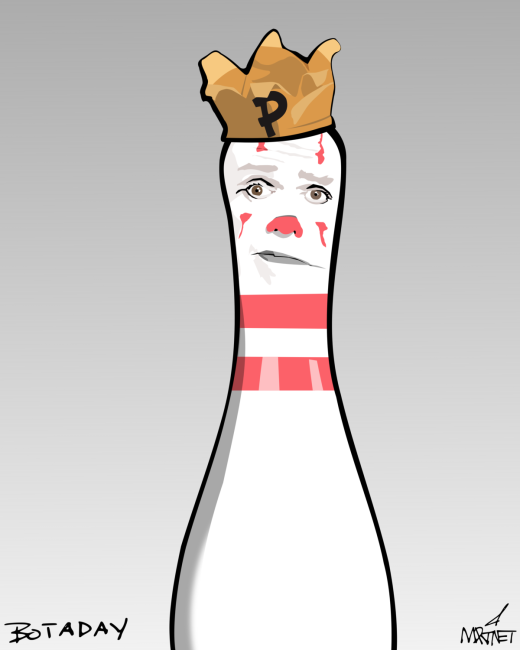Vector graphic image by Mike Martinet of a bowling pin with the face of singer Michael Geier, AKA Puddles Pity Party, wearing a crown