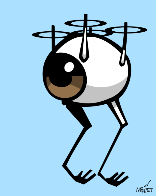 Vector graphic image by Mike Martinet of an eyeball with four propellors above and two claws below