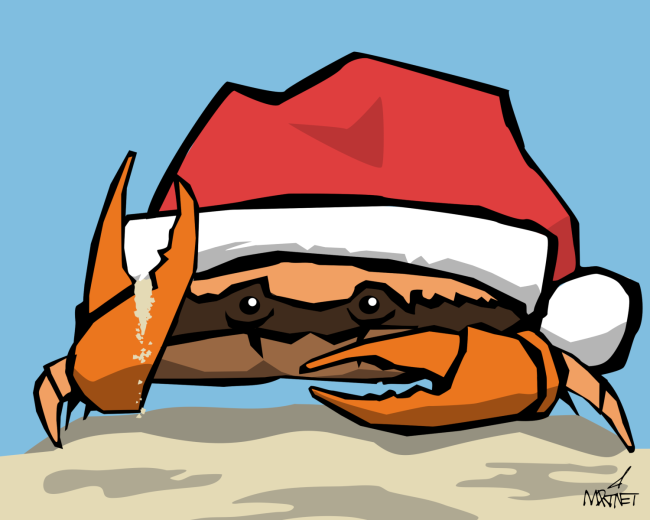 Vector graphic image by Mike Martinet of a crab on a beach wearing a Santa hat with sand falling from its claw